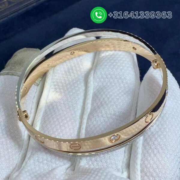 Cartier 18K Pink & White Gold Pave Diamonds Double Love Bangle Bracelet N6039217 - Image 4