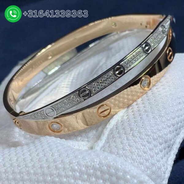 Cartier 18K Pink & White Gold Pave Diamonds Double Love Bangle Bracelet N6039217