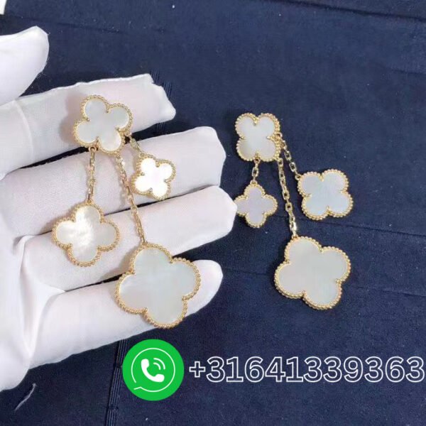 Van Cleef & Arpels 18K Yellow Gold Mother of Pearl Magic Alhambra 4 Motif Earrings VCARD78900 - Image 4
