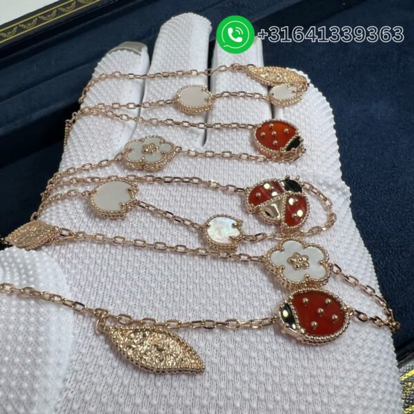 Van Cleef & Arpels 18K Rose Gold Mother of Pearl Carnelian Onyx 15 Motifs Lucky Spring Long Necklace VCARP7RT00 - Image 3