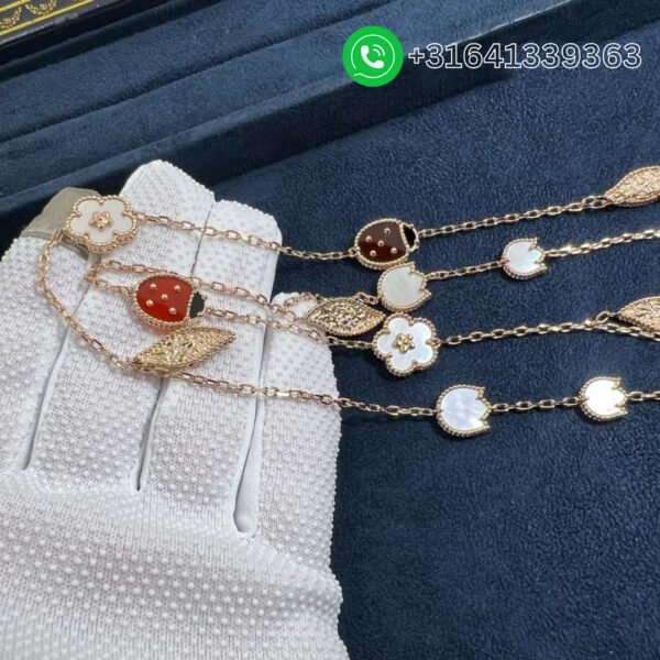 Van Cleef & Arpels 18K Rose Gold Mother of Pearl Carnelian Onyx 15 Motifs Lucky Spring Long Necklace VCARP7RT00 - Image 5
