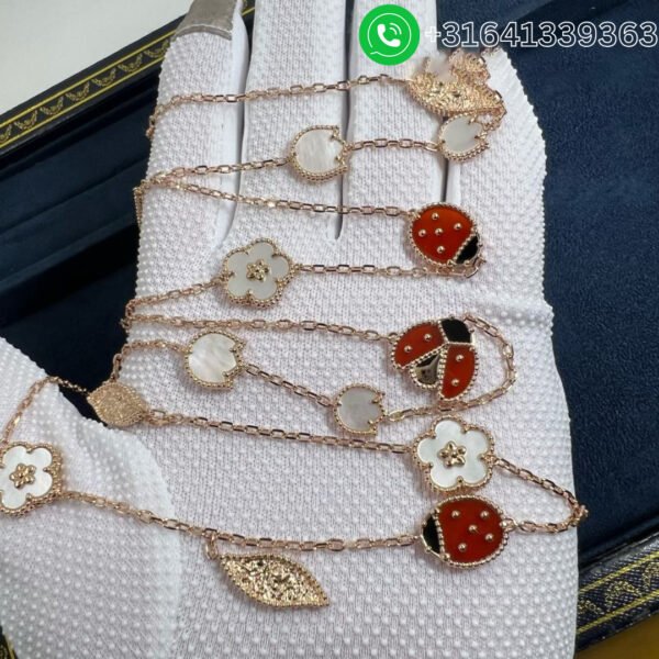 Van Cleef & Arpels 18K Rose Gold Mother of Pearl Carnelian Onyx 15 Motifs Lucky Spring Long Necklace VCARP7RT00