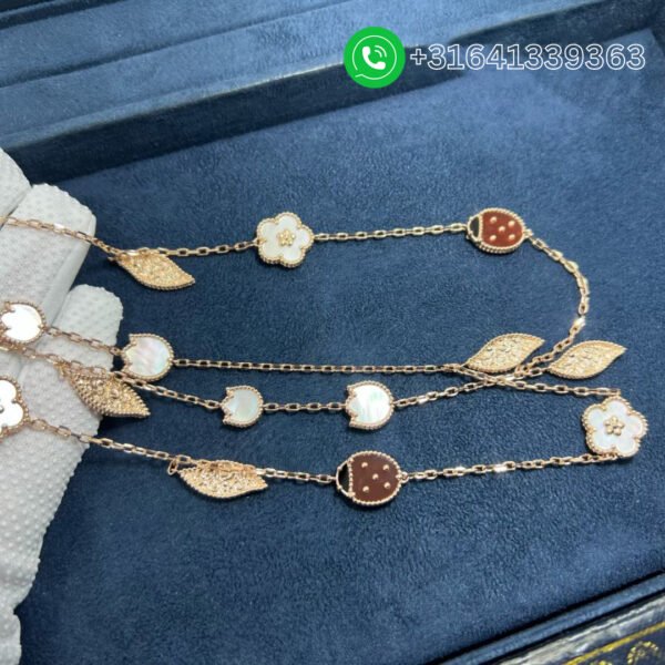 Van Cleef & Arpels 18K Rose Gold Mother of Pearl Carnelian Onyx 15 Motifs Lucky Spring Long Necklace VCARP7RT00 - Image 8