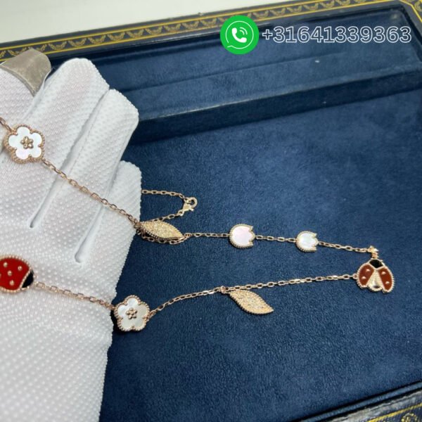 Van Cleef & Arpels 18K Rose Gold Mother of Pearl Carnelian Onyx 15 Motifs Lucky Spring Long Necklace VCARP7RT00 - Image 9